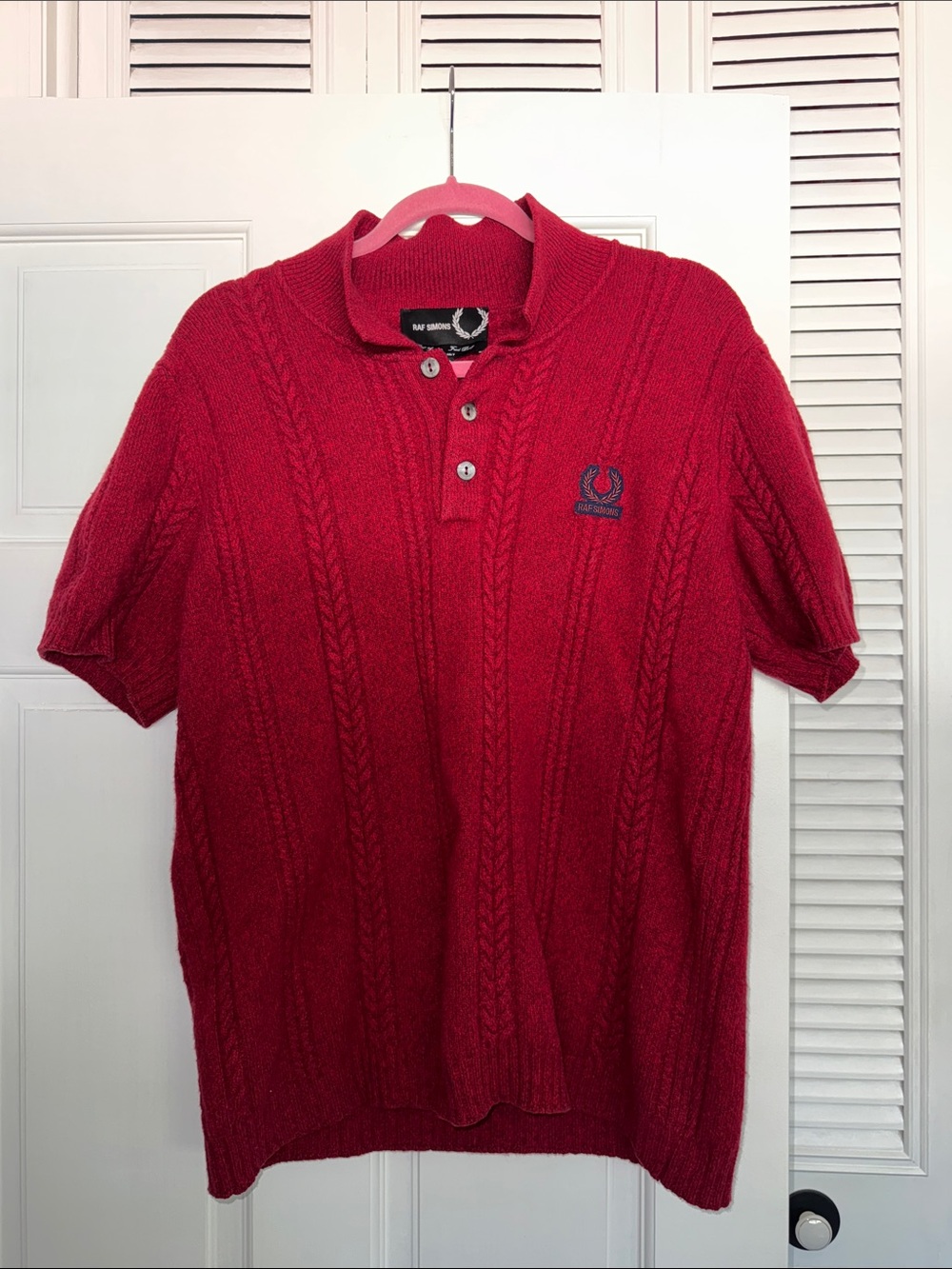 RAF Simons x Fred Perry Merino Wool Red Knit Short Sleeve Polo Shirt size 44(XL)